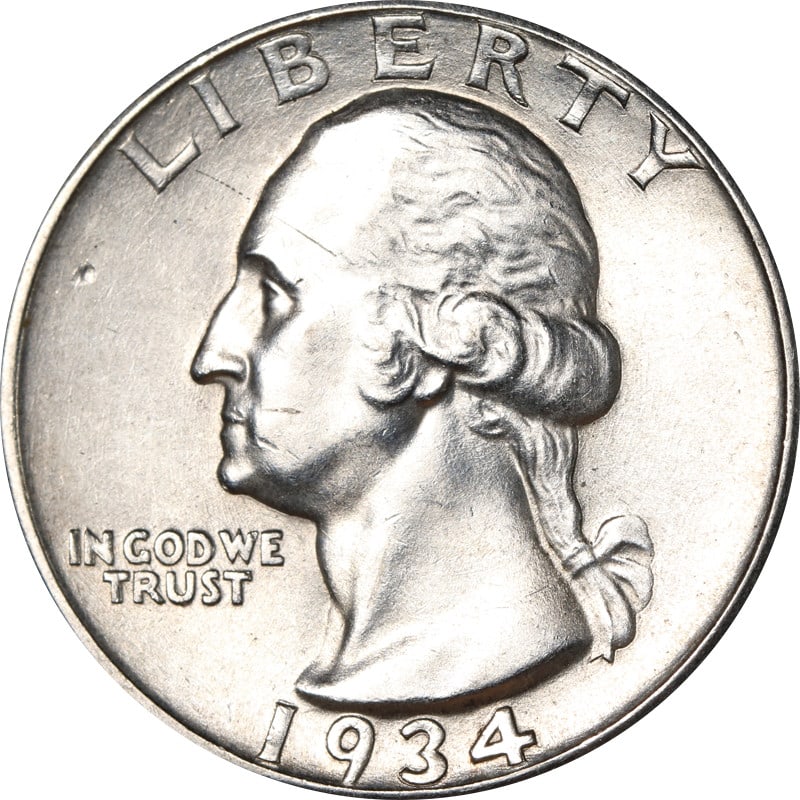1934 D Silver Washington Quarter Heavy Motto Uncertified: 1934 D Silver Washington Quarter Heavy Motto Uncertified 1934-D Washington Quarter with a Heavy Motto design. The coin is uncirculated and pre-owned, with a silver composition and 0.9 fineness. It was