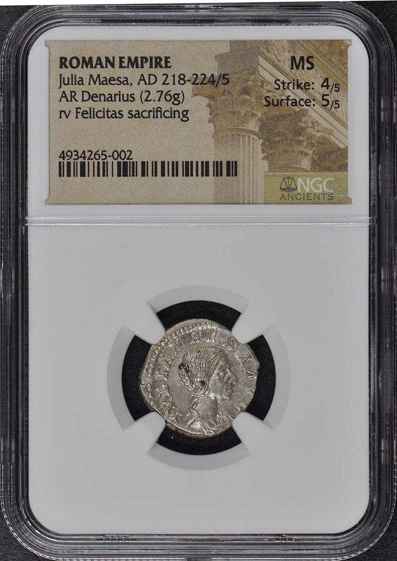 NGC MS60 Julia Maesa Roman Empire AR Denarius AD 218-224/5: NGC MS60 Julia Maesa Roman Empire AR Denarius AD 218-224/5 This is a Roman Empire AR Denarius coin featuring Julia Maesa, dating from AD 218-224/5. The coin is certified by NGC and is in pre-owned con