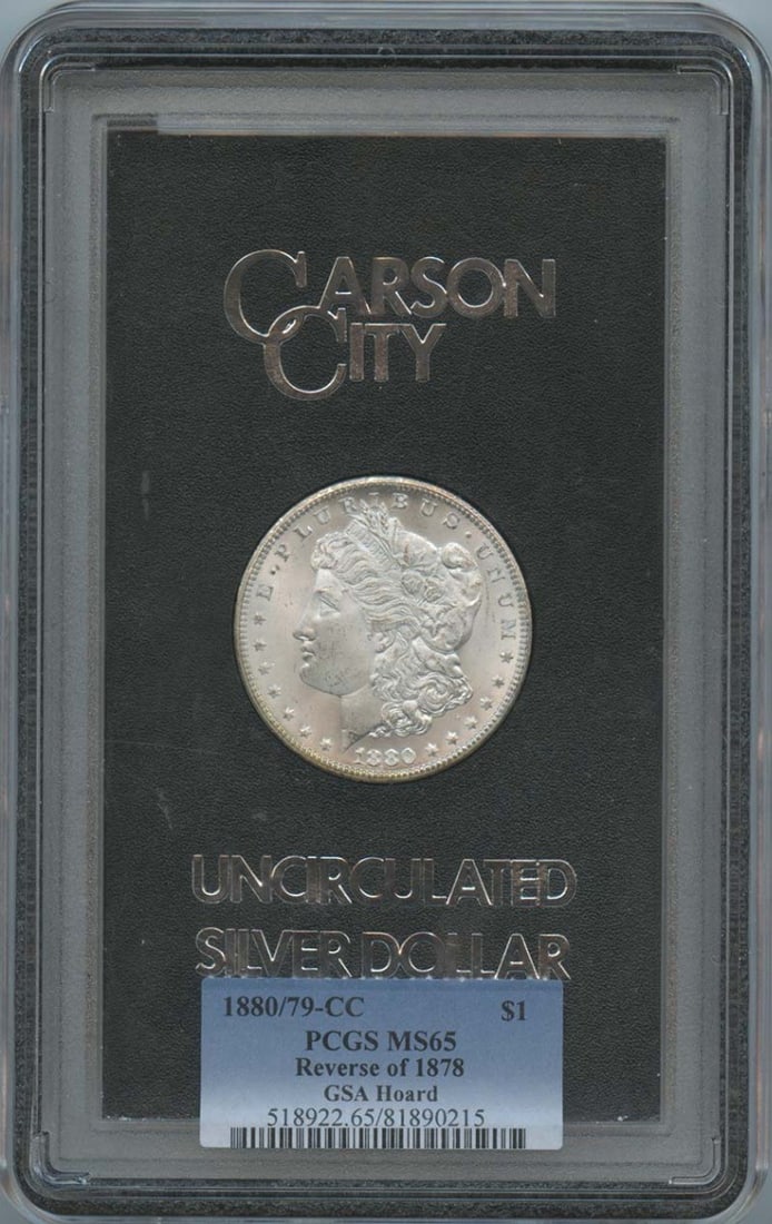 PCGS MS65 1880 Carson City Morgan Dollar GSA Hoard Reverse of 1878: PCGS MS65 1880 Carson City Morgan Dollar GSA Hoard Reverse of 1878 This is an uncirculated 1880-CC Reverse of 1878 Morgan Dollar from the GSA Hoard, graded MS65 by PCGS. Minted in Carson City, this co