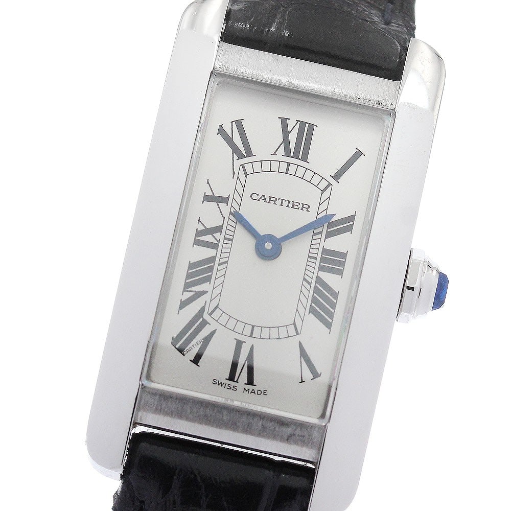 Cartier Tank Americaine SM Ladies Quartz Steel Leather Watch: Cartier Tank Americaine SM Ladies Quartz Steel Leather Watch This Cartier Tank Americaine Small Model wristwatch features a silver-tone case crafted from stainless steel and is paired with a leather s