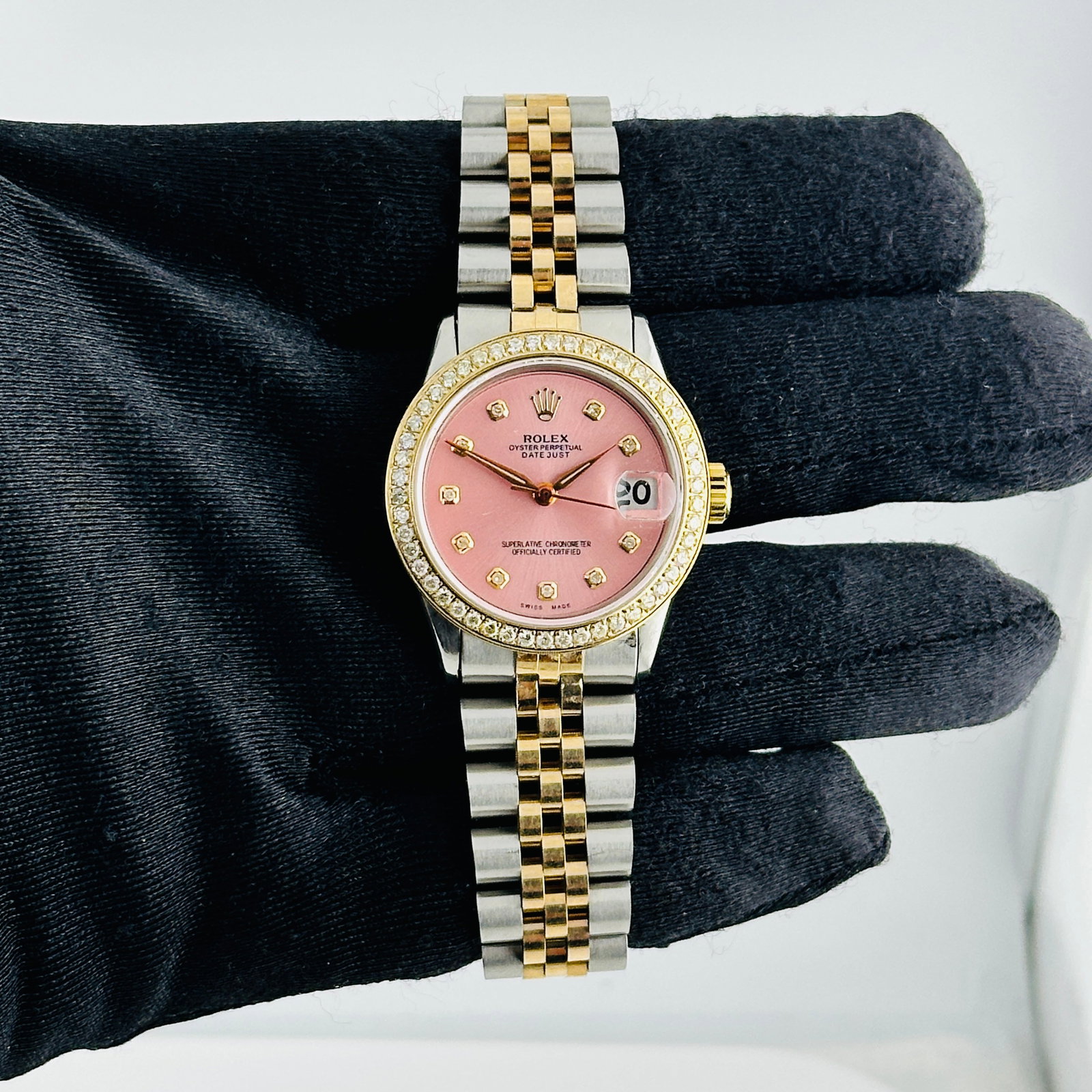 Rolex Datejust Pink Yellow Diamond Dial Aftermarket Jubilee Bracelet Ref 6466: Rolex Datejust Pink Yellow Diamond Dial Aftermarket Jubilee Bracelet Ref 6466 This ladies' Rolex Datejust features an aftermarket pink dial with yellow diamond markers, complemented by an aftermarket 