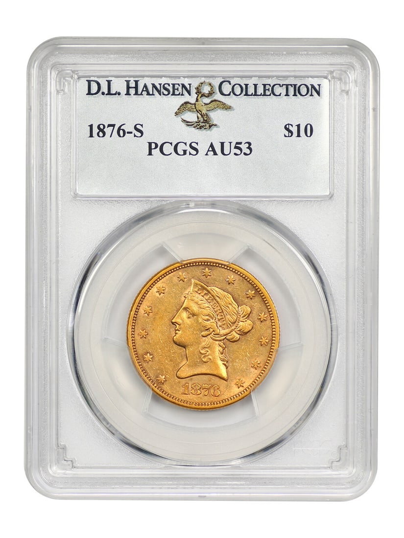 1876-S $10 Liberty Head Gold Coin PCGS AU53 Rare San Francisco Mint: 1876-S $10 Liberty Head Gold Coin PCGS AU53 Rare San Francisco Mint This 1876-S $10 Liberty Head gold coin is a remarkable piece certified by PCGS with a grade of AU53. Struck at the San Francisco Min