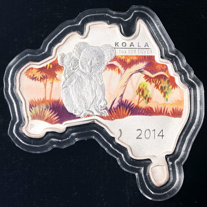 2014 Australia 1oz Silver $1 Koala Map Coin OGP COA: 2014 Australia 1oz Silver $1 Koala Map Coin OGP COA This stunning 2014 Australia 1 Ounce Silver $1 coin features a unique map-shaped design depicting the iconic Koala, a symbol of Australian wildlife.