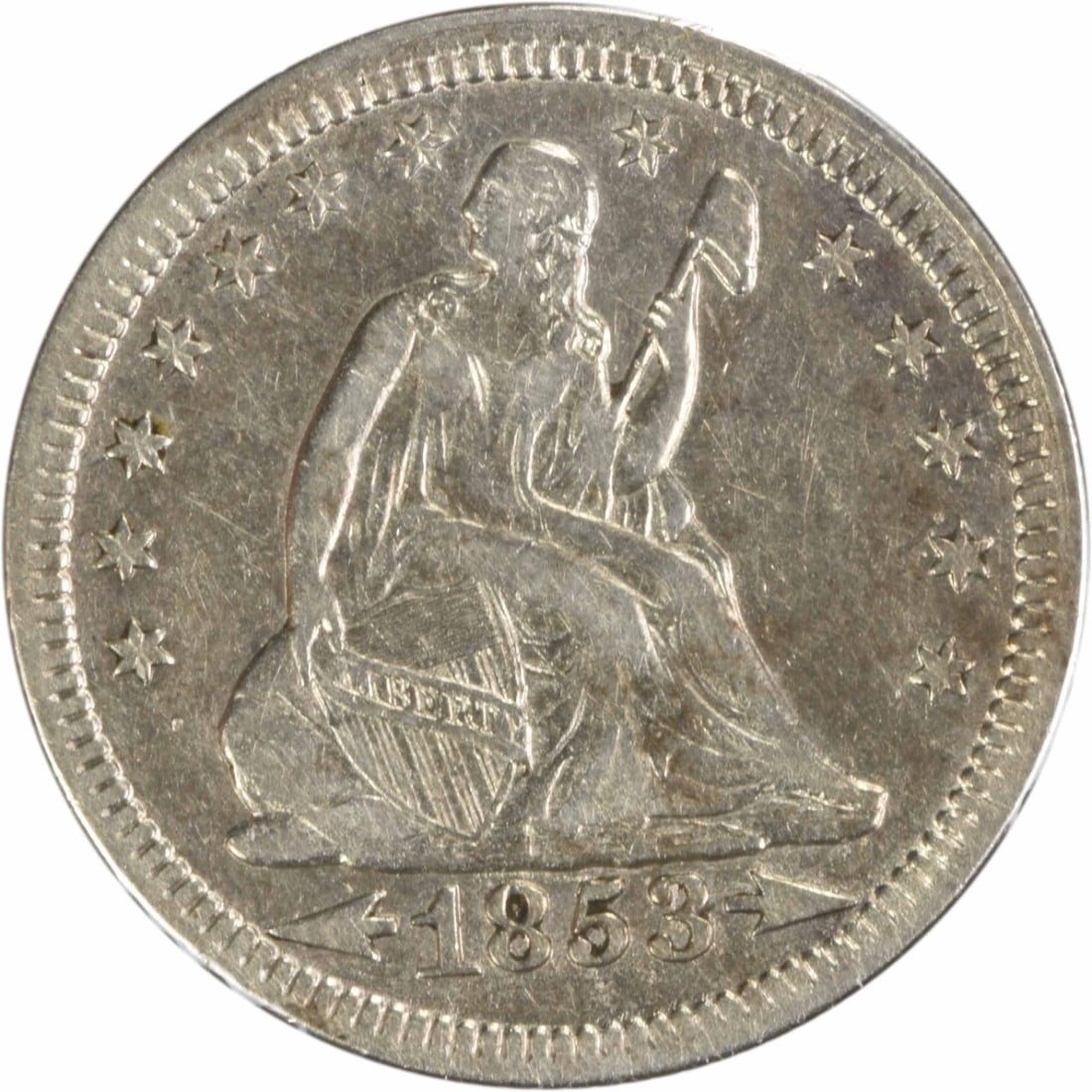 1853 Liberty Seated Silver Quarter 90% Silver AU Uncertified: 1853 Liberty Seated Silver Quarter 90% Silver AU Uncertified This 1853/4 Liberty Seated Silver Quarter features a beautiful design by Robert Ball Hughes and Christian Gobrecht. The coin is from the Ph