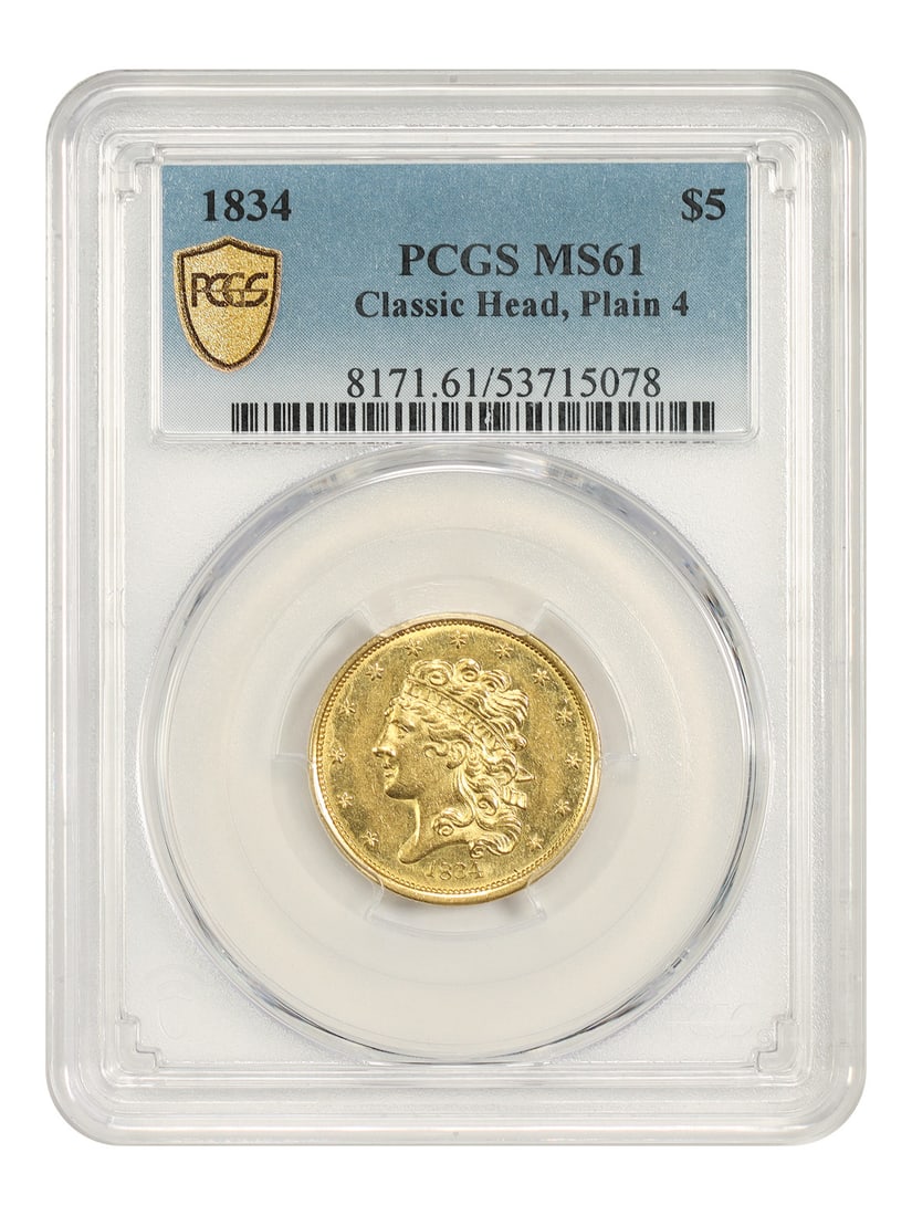1834 Plain 4 Classic Head Half Eagle PCGS MS61: 1834 Plain 4 Classic Head Half Eagle PCGS MS61 1834 Classic Head $5 Half Eagle graded PCGS MS61 with the Plain 4 variety. Struck at the Philadelphia Mint, this uncirculated example is described as a l