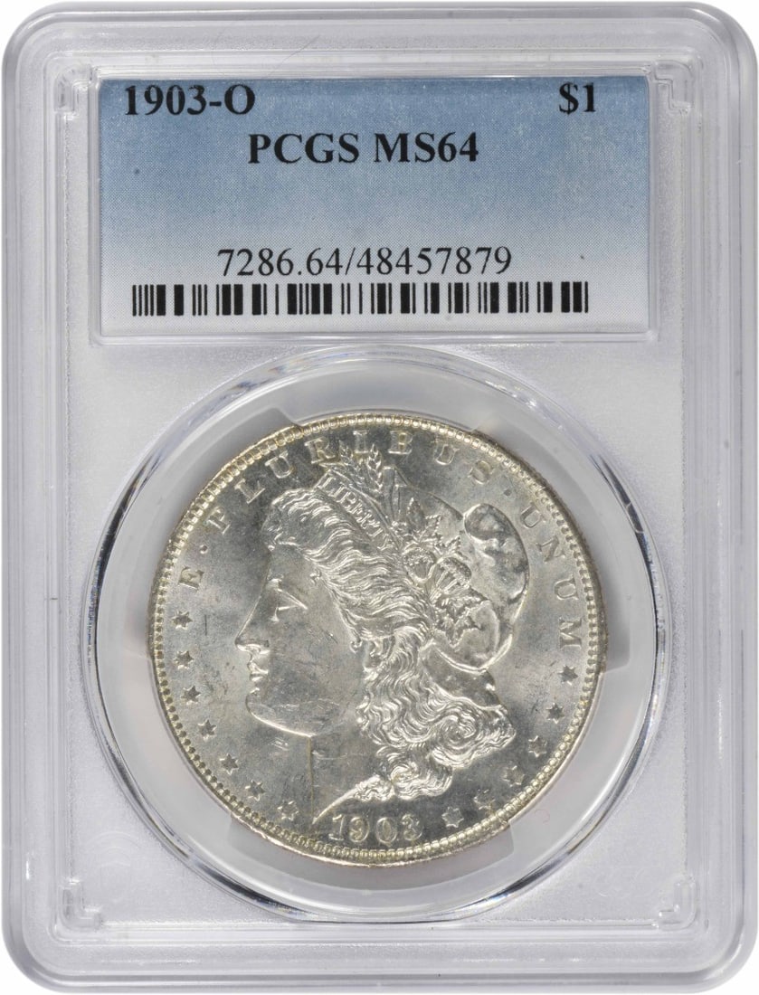 1903-O Morgan Silver Dollar MS64 Certified PCGS New Orleans Coin: 1903-O Morgan Silver Dollar MS64 Certified PCGS New Orleans Coin This stunning 1903-O Morgan Silver Dollar is graded MS64 by PCGS, ensuring its exceptional quality. Struck in 90% silver and 10% copper