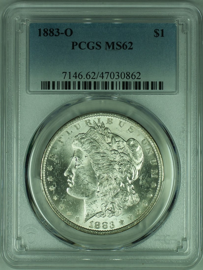 PCGS MS62 1883-O Morgan Dollar Uncirculated New Orleans Silver Coin: PCGS MS62 1883-O Morgan Dollar Uncirculated New Orleans Silver Coin This 1883-O Morgan Silver Dollar coin is certified by PCGS with a grade of MS-62. Minted in New Orleans, it is composed of 90% silve