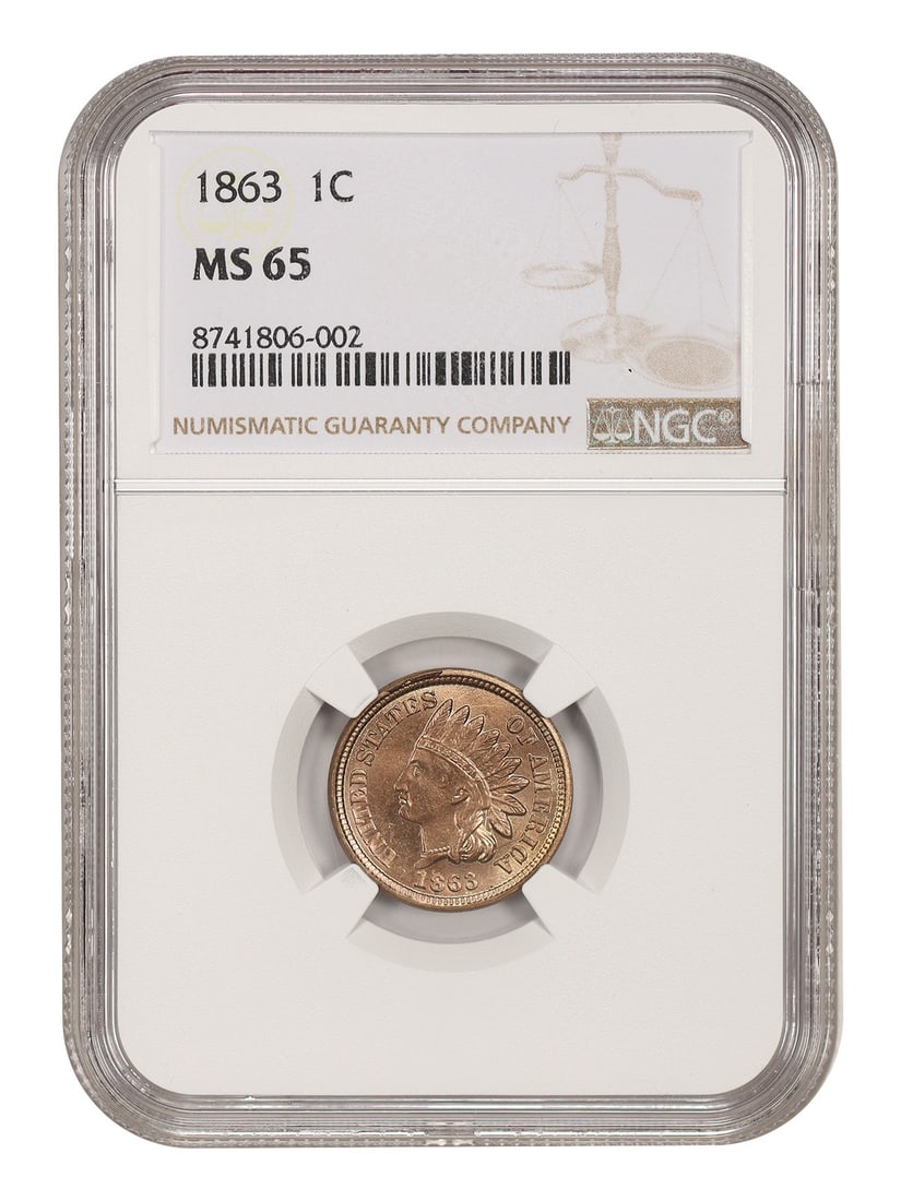 1863 NGC MS65 Indian Cent 1C Copper Nickel Issue: 1863 NGC MS65 Indian Cent 1C Copper Nickel Issue 1863 1C Indian Cent certified by NGC with certification number 8741806002. This uncirculated Philadelphia issue is a popular Copper-Nickel Civil War-er