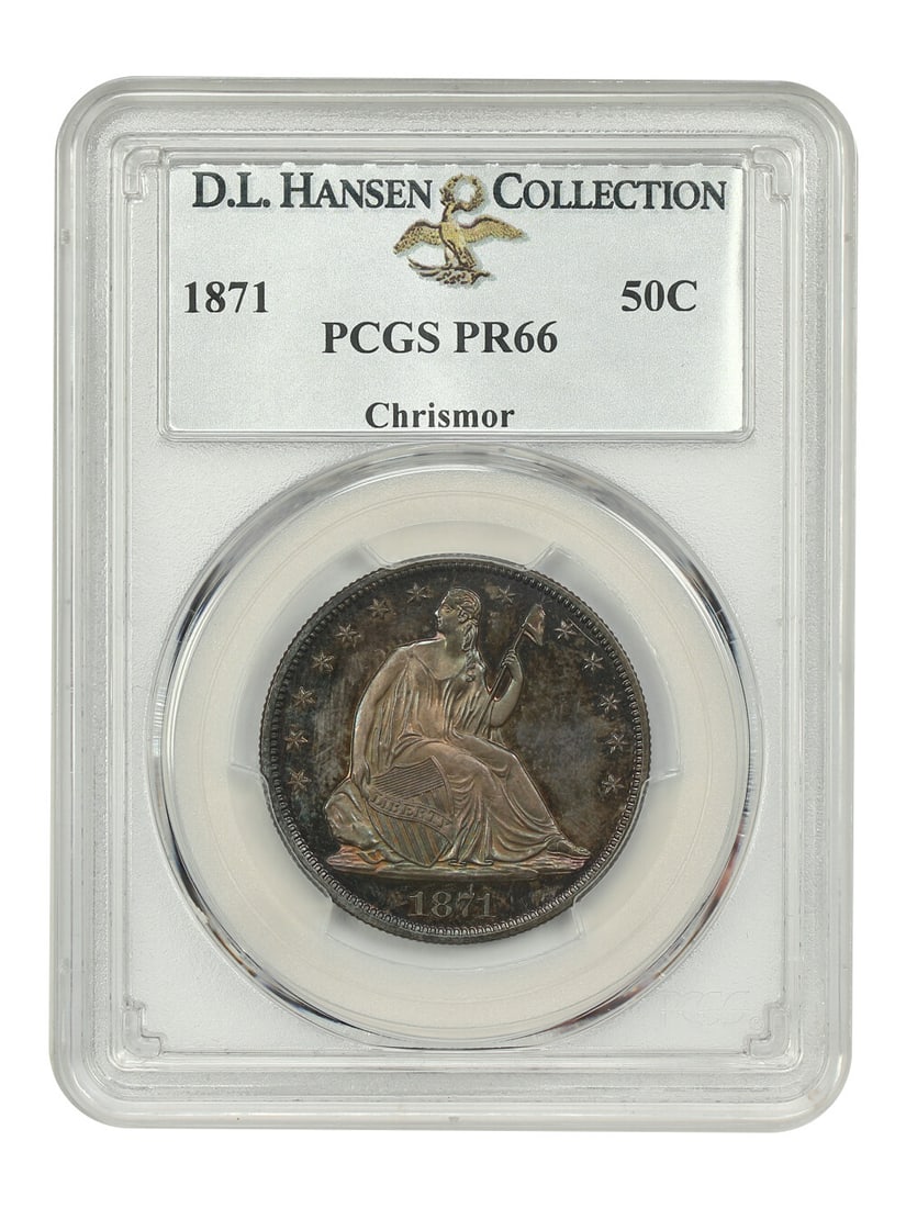 1871 Liberty Seated Half Dollar 50C PR66 PCGS Ex D.L. Hansen: 1871 Liberty Seated Half Dollar 50C PR66 PCGS Ex D.L. Hansen Introducing the stunning 1871 Liberty Seated Half Dollar, certified by PCGS with a grade of PR66. This exquisite coin features a low mintag