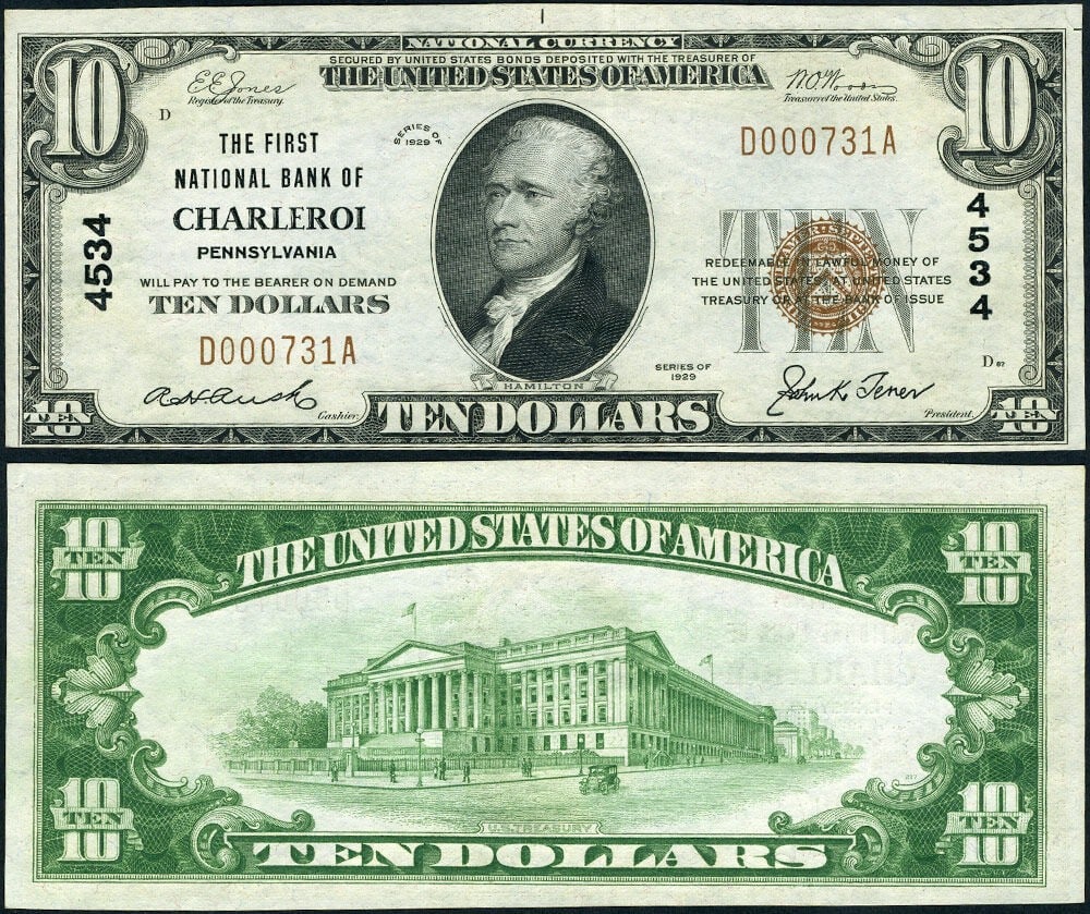 1929 T-1 $10 Charleroi Pennsylvania National Bank Note CH 4534 Choice AU (1 of 3)