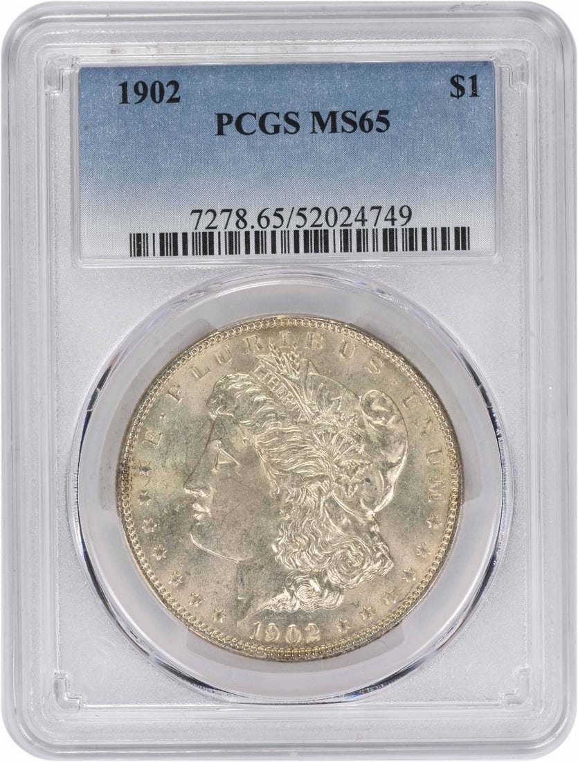 PCGS MS65 1902 Morgan Dollar Philadelphia 90 Percent Silver Uncirculated Coin: PCGS MS65 1902 Morgan Dollar Philadelphia 90 Percent Silver Uncirculated Coin This 1902 Morgan Silver Dollar is graded MS65 by PCGS and is uncirculated. Struck at the Philadelphia Mint with no mint ma