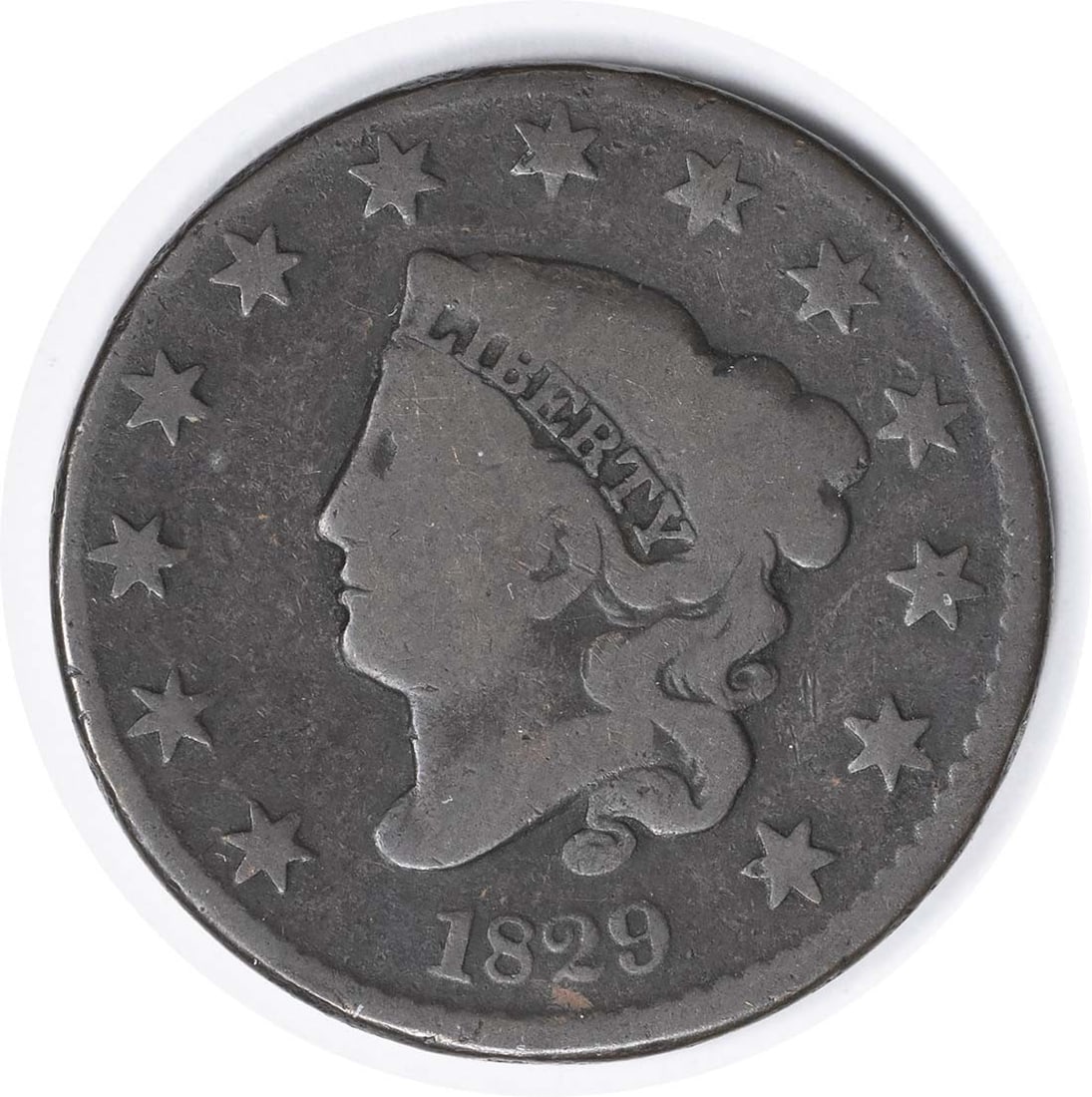 1829 Coronet Head Copper Large Cent Uncertified VG: 1829 Coronet Head Copper Large Cent Uncertified VG This 1829 Large Cent is a Coronet Head type with medium letters, attributed as N-3. The coin is composed of copper and has been circulated, graded as