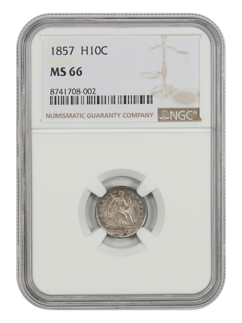NGC MS66 1857 H10C Liberty Seated Half Dime: NGC MS66 1857 H10C Liberty Seated Half Dime 1857 Liberty Seated Half Dime, denomination H10C, struck at the Philadelphia Mint and certified by NGC. The coin is uncirculated and described as satiny and