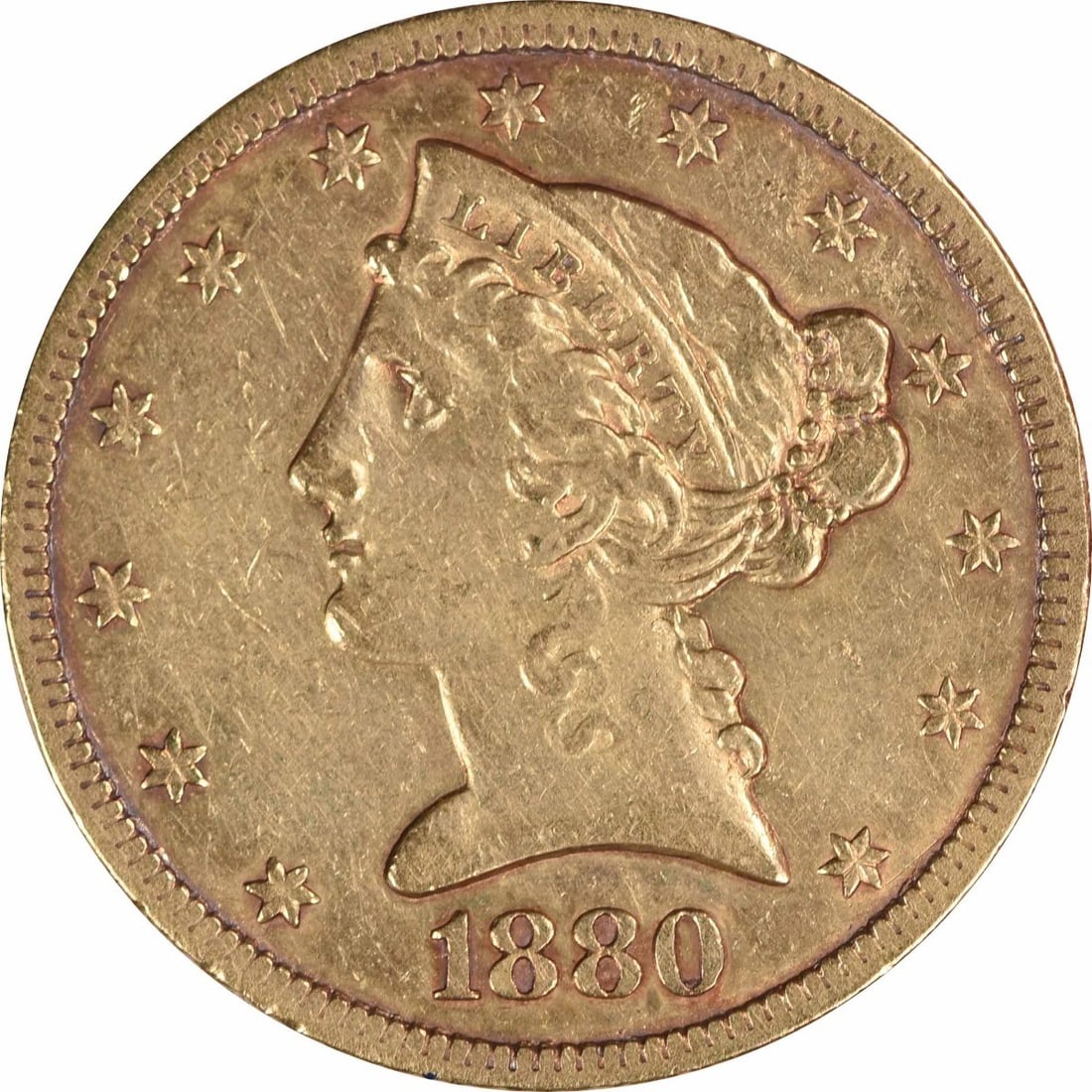 1880 Liberty Head $5 Gold Coin XF Philadelphia Uncertified: 1880 Liberty Head $5 Gold Coin XF Philadelphia Uncertified This 1880 $5 Gold Liberty Head coin was minted in Philadelphia and features the iconic design by Christian Gobrecht. Composed of 90% gold and
