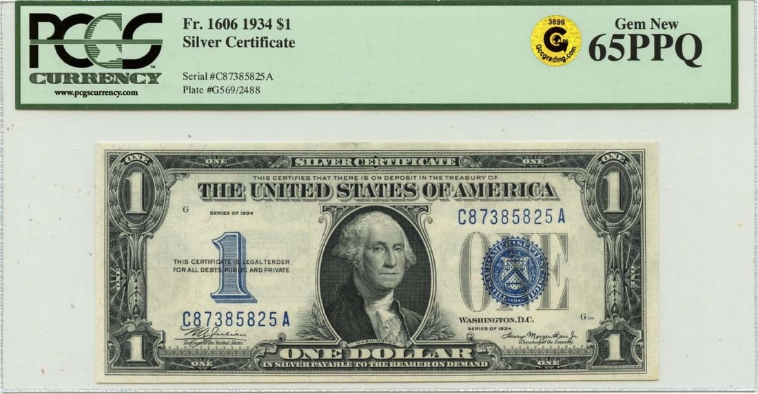 PCGS GEM 65 PPQ 1934 Silver Certificate FR1606 United States (1 of 2)