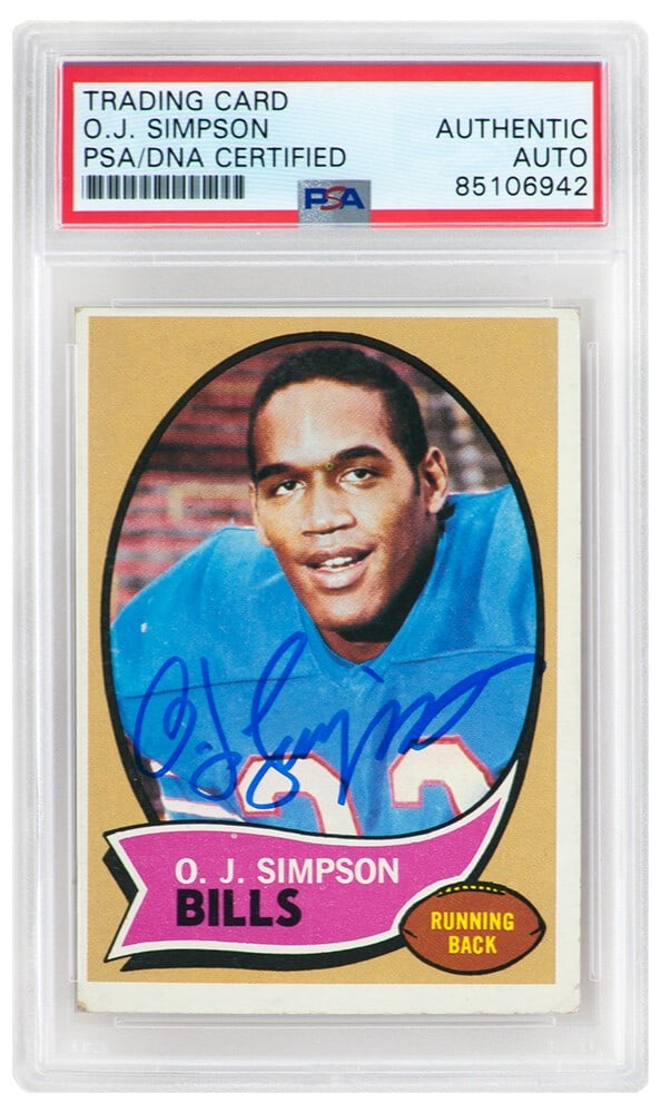 O.J. Simpson Signed 1970 Topps Rookie Football Card #90 PSA Authentic: O.J. Simpson Signed 1970 Topps Rookie Football Card #90 PSA Authentic This is a signed 1970 Topps rookie football card #90 featuring O.J. Simpson, a notable player for the Buffalo Bills. The card has 