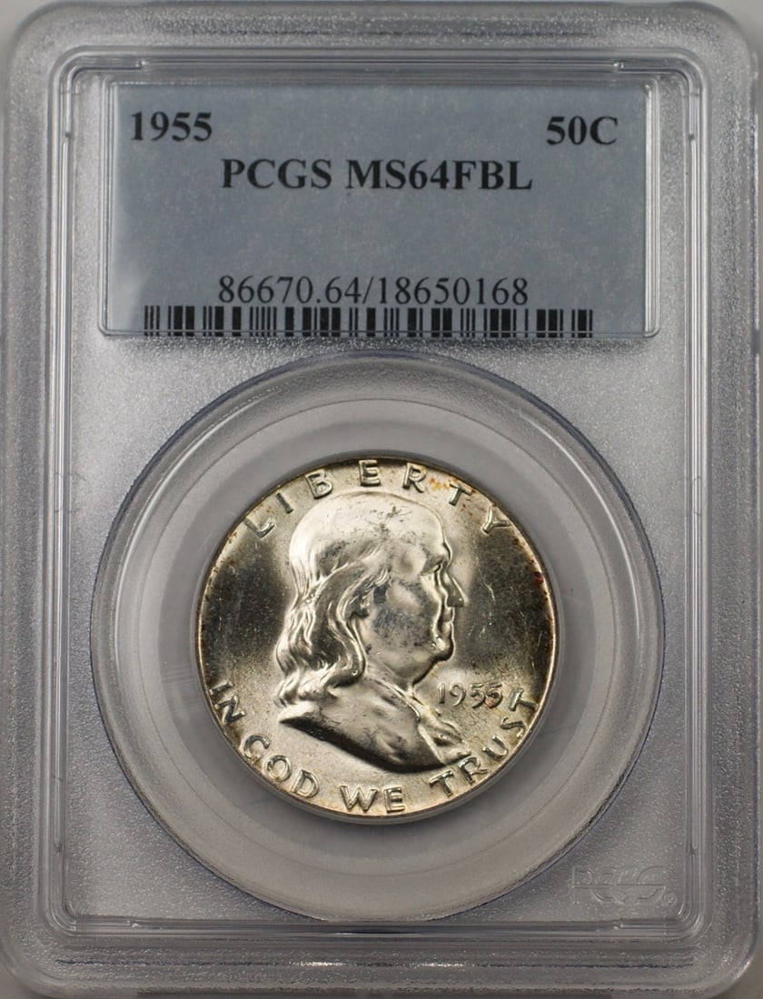 PCGS MS64 FBL 1955 Silver Franklin Half Dollar Philadelphia Mint: PCGS MS64 FBL 1955 Silver Franklin Half Dollar Philadelphia Mint This 1955 Franklin Silver Half Dollar is certified by PCGS with a grade of MS 64 and features Full Bell Lines (FBL). Minted in Philadel