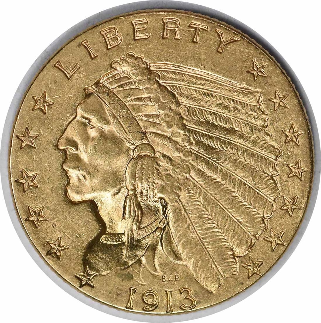 1913 Indian Head $2.50 Gold Coin AU Grade Philadelphia Mint Uncertified: 1913 Indian Head $2.50 Gold Coin AU Grade Philadelphia Mint Uncertified This 1913 $2.50 Gold Indian coin was minted in Philadelphia and features the iconic design by Bela Lyon Pratt. Composed of 90% g