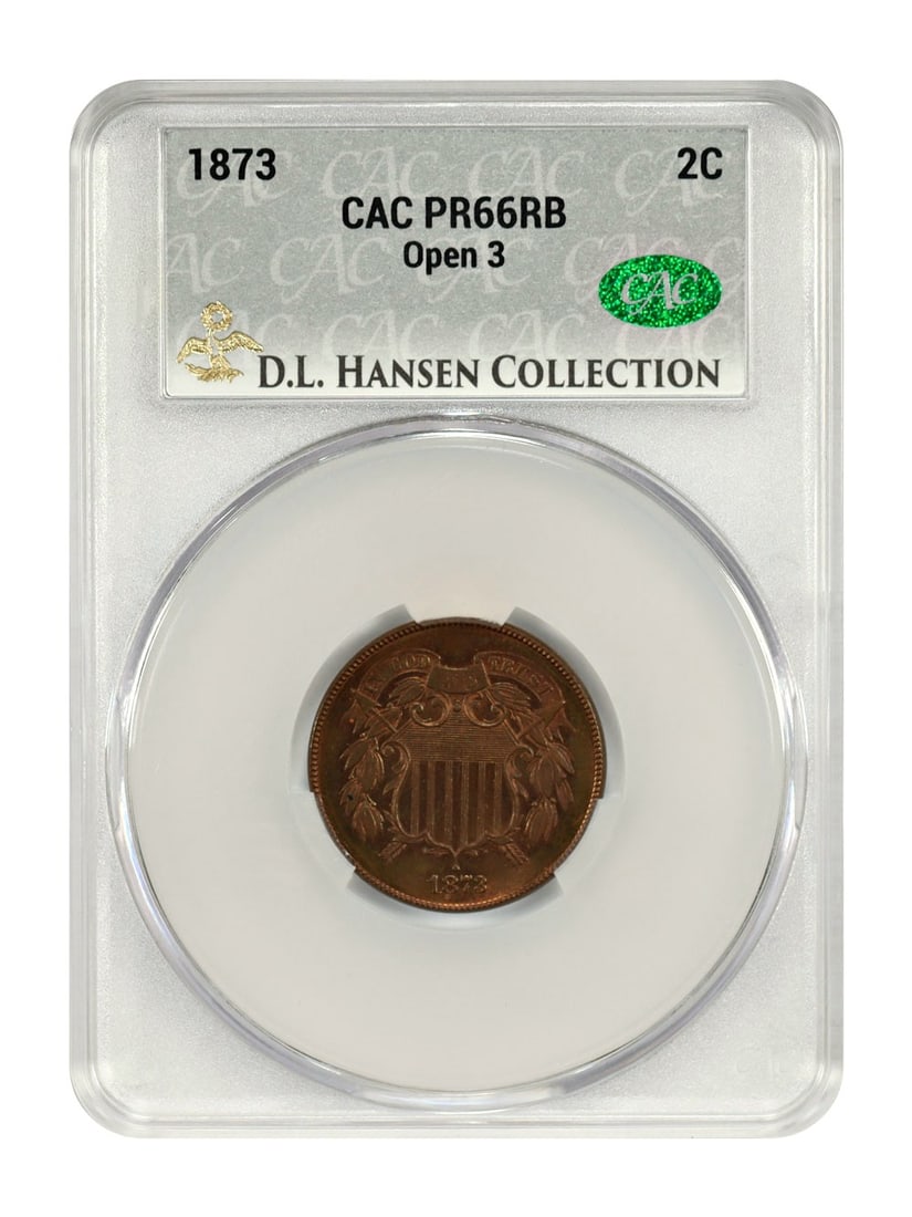 1873 Open 3 Two Cent Proof PR66RB CACG ex D.L. Hansen: 1873 Open 3 Two Cent Proof PR66RB CACG ex D.L. Hansen 1873 Two Cent proof coin with an Open 3 variety, certified CACG and graded PR66RB. This rare proof-only date is noted as a restrike, with mintage 