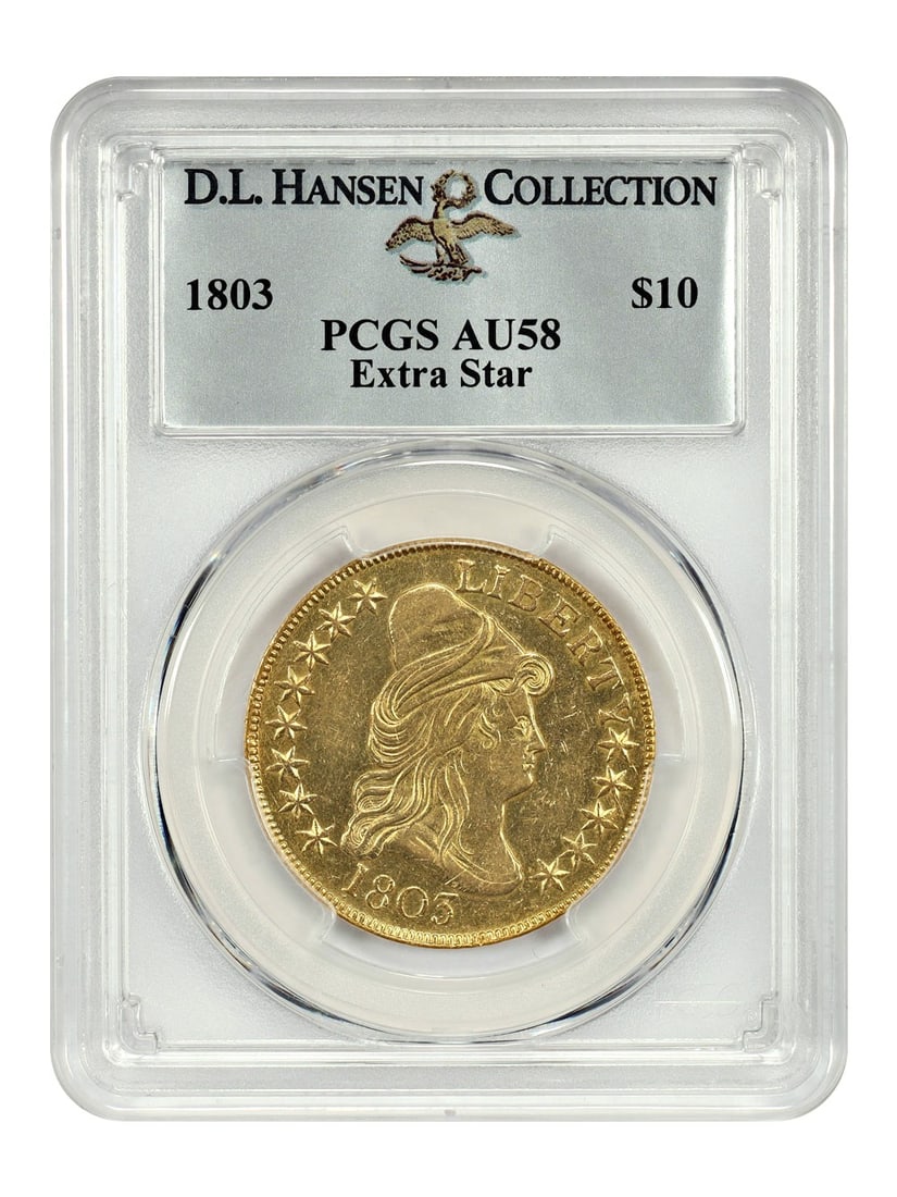 PCGS AU58 1803 Draped Bust $10 Gold Coin Extra Star Variety: PCGS AU58 1803 Draped Bust $10 Gold Coin Extra Star Variety An 1803 Draped Bust $10 gold coin certified by PCGS and graded AU58. The piece is identified as the Extra Star variety and is described as a