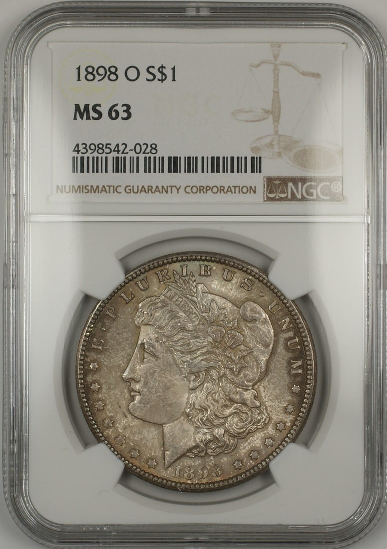 NGC MS-63 1898-O Morgan Silver Dollar with Toning: NGC MS-63 1898-O Morgan Silver Dollar with Toning This 1898-O Morgan Silver Dollar features a toned finish and is certified by NGC with a grade of MS-63. Minted in New Orleans, this uncirculated coin 