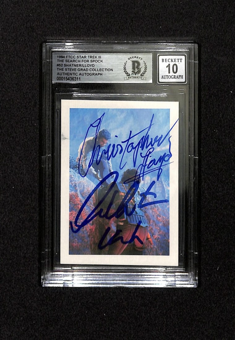 Star Trek III 1984 trading card dual signed by Shatner and Lloyd Beckett Auto 10: Star Trek III 1984 trading card dual signed by Shatner and Lloyd Beckett Auto 10 This is an official 1984 FTCC Star Trek III: The Search for Spock trading card (#52), personally signed by William Shat