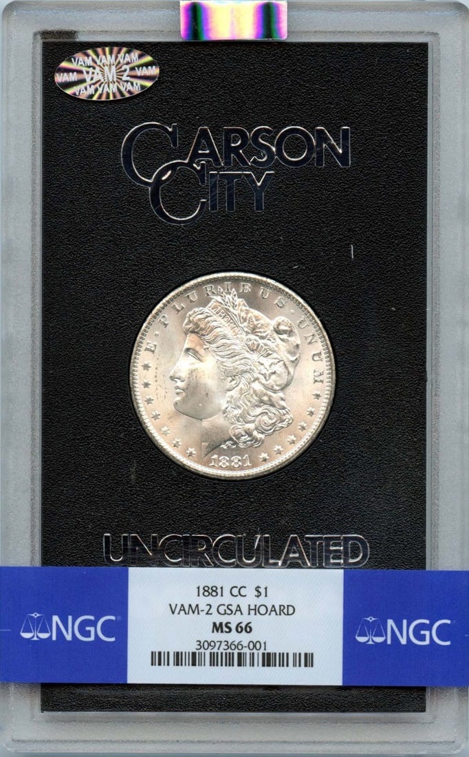 NGC MS66 1881-CC Carson City Morgan Dollar VAM-2 GSA Hoard Silver $1 Coin: NGC MS66 1881-CC Carson City Morgan Dollar VAM-2 GSA Hoard Silver $1 Coin This is an 1881-CC Morgan Dollar, VAM-2 variety, from the GSA Hoard. Authenticated and graded MS66 by NGC, this uncirculated c