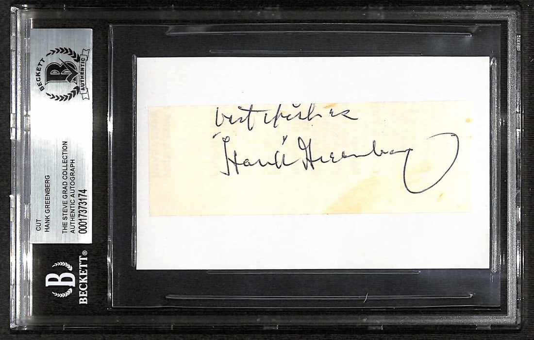 Hank Greenberg Signed Cut Baseball with Best Wishes Inscription Beckett Authenticated: Hank Greenberg Signed Cut Baseball with Best Wishes Inscription Beckett Authenticated This Hank Greenberg signed cut features a bold inscription of "Best Wishes" and is encapsulated in a tamper-proof 