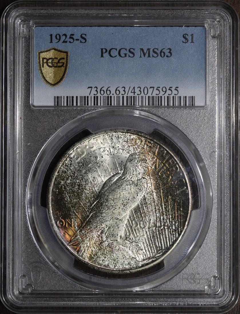 1925-S Peace Silver Dollar MS63 PCGS Certified Light Toning Better Date: 1925-S Peace Silver Dollar MS63 PCGS Certified Light Toning Better Date This 1925-S Peace Silver Dollar is a remarkable addition for coin collectors. Graded MS 63 by PCGS, it showcases beautiful light