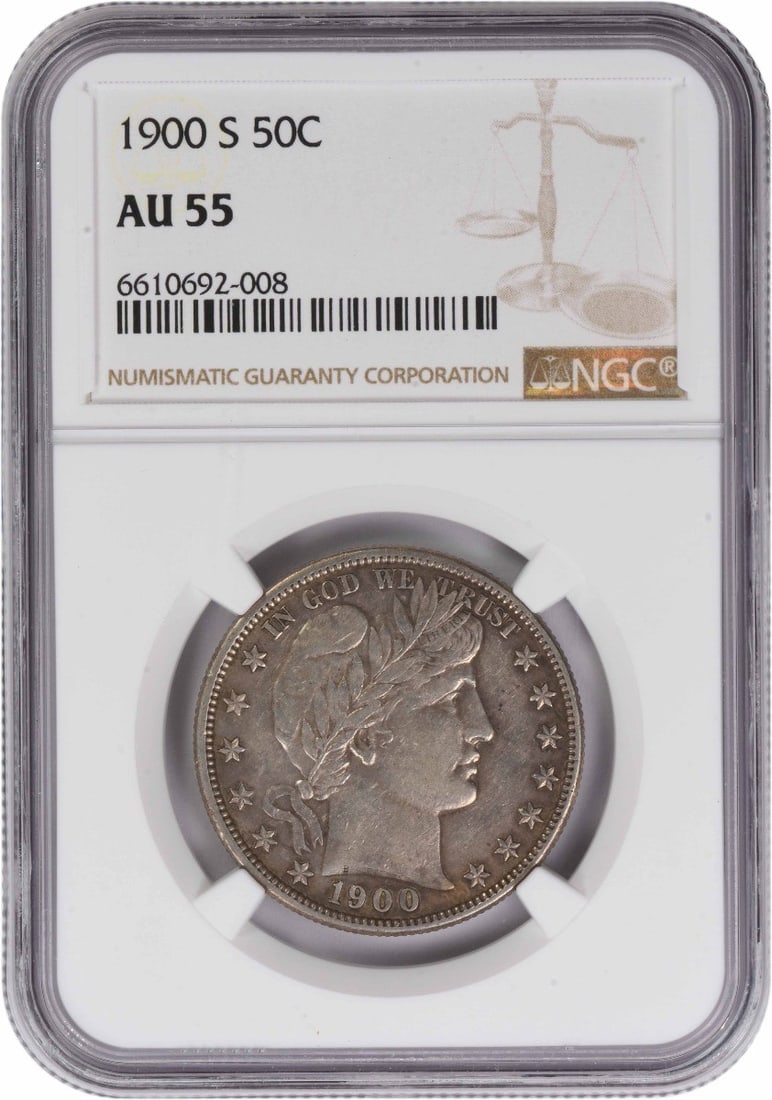 Barber Half Dollar 1900 San Francisco NGC AU55 Certified Silver Coin: Barber Half Dollar 1900 San Francisco NGC AU55 Certified Silver Coin This is a 1900-S Barber Half Dollar, graded AU55 by NGC. Minted in San Francisco, this classic United States coin features the desi