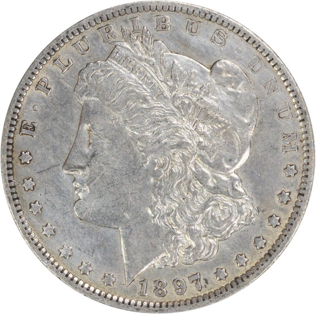 EF Grade 1897-O Morgan Dollar New Orleans Mint Uncertified Silver Coin: EF Grade 1897-O Morgan Dollar New Orleans Mint Uncertified Silver Coin This 1897-O Morgan Silver Dollar is a circulated coin featuring a composition of 90% silver and 10% copper. Minted at the New Orl