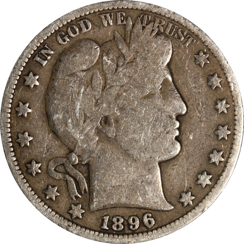 1896-S Silver Barber Half Dollar: 1896-S Silver Barber Half Dollar This is a 1896-S Barber Half Dollar from the United States. Composed of 90% silver, this circulated coin originates from the San Francisco Mint and is offered in pre-o