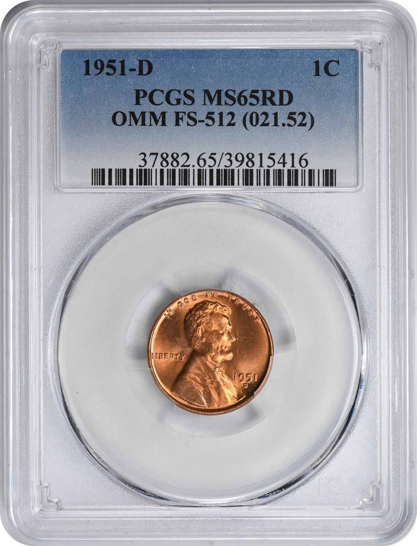 PCGS MS65 Red 1951-D Lincoln Wheat Cent FS-512 OMM Variety: PCGS MS65 Red 1951-D Lincoln Wheat Cent FS-512 OMM Variety This 1951-D Lincoln Wheat Cent is graded MS65 Red by PCGS and features the FS-512 OMM variety. Struck at the Denver Mint, this uncirculated s