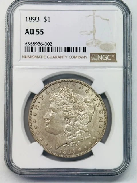 1893 NGC AU 55 Morgan Silver Dollar: 1893 NGC AU 55 Morgan Silver Dollar This 1893 Morgan Silver Dollar has been graded AU-55 by NGC, reflecting its premium quality and well-preserved condition. Struck in silver, this coin originates fro