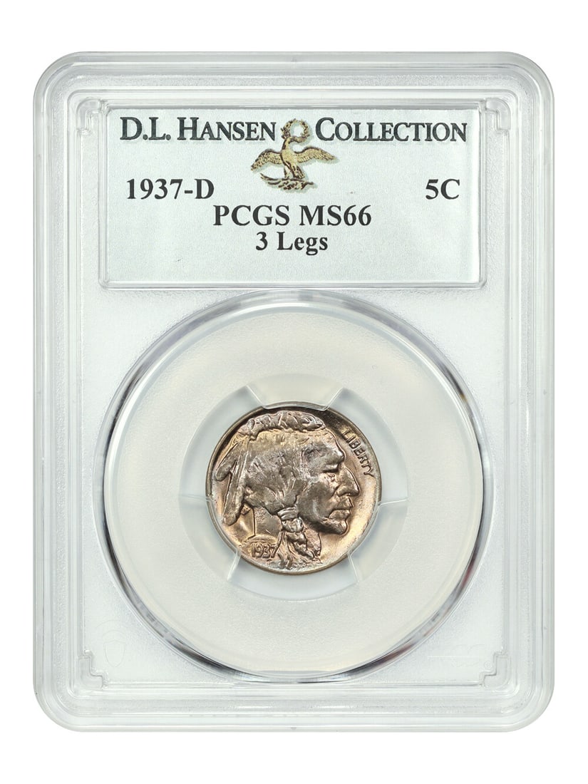 Buffalo Nickel 1937-D 3 Legs 5C PCGS MS66 ex D.L. Hansen: Buffalo Nickel 1937-D 3 Legs 5C PCGS MS66 ex D.L. Hansen This 1937-D Buffalo Nickel is graded PCGS MS66 and features the three-legged variety. It is an uncirculated coin from the Denver Mint with shar