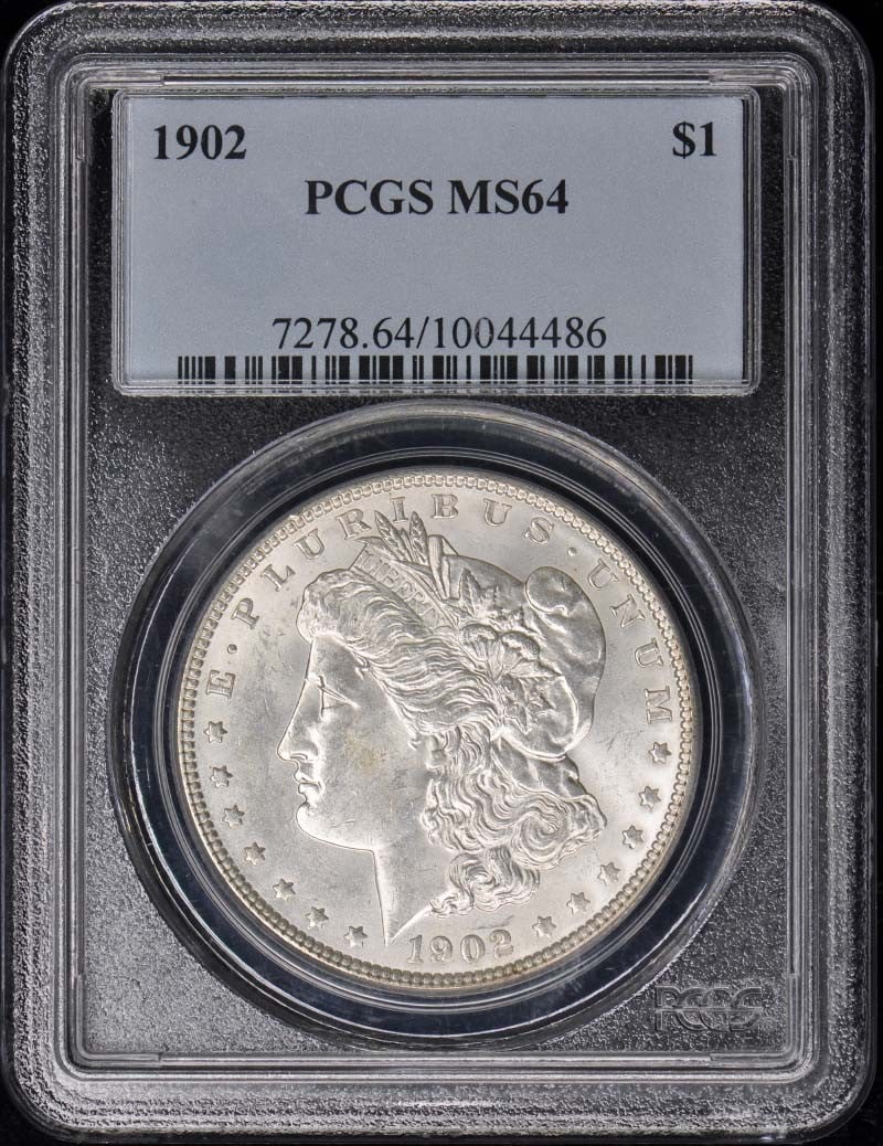 1902 Morgan Dollar $1 PCGS MS64 Uncirculated Philadelphia Coin: 1902 Morgan Dollar $1 PCGS MS64 Uncirculated Philadelphia Coin This 1902 $1 Morgan Dollar is certified by PCGS with a grade of MS64, indicating it is in uncirculated condition. Minted in Philadelphia,