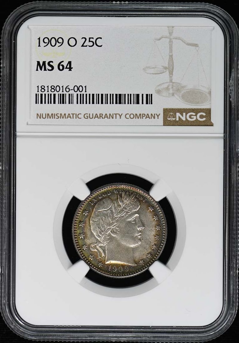 1909-O NGC MS64 Barber Quarter Uncirculated New Orleans: 1909-O NGC MS64 Barber Quarter Uncirculated New Orleans This stunning 1909-O Barber Quarter is certified by NGC with a grade of MS64, indicating its exceptional condition. Struck at the New Orleans Mi