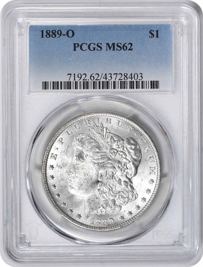 1889-O Morgan Silver Dollar MS62 Certified by PCGS: 1889-O Morgan Silver Dollar MS62 Certified by PCGS This 1889-O Morgan Silver Dollar is a remarkable piece of numismatic history, certified by PCGS with a grade of MS62. Struck at the New Orleans Mint,