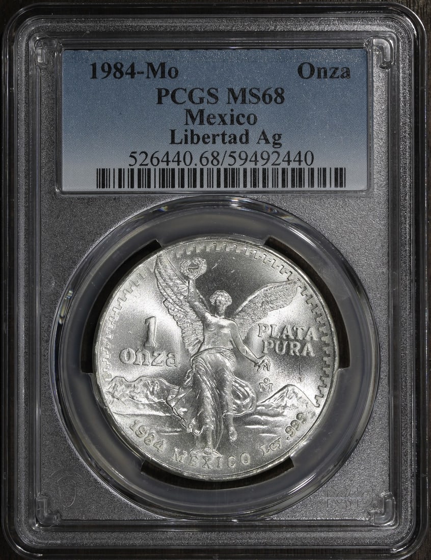 PCGS MS68 1984-Mo Mexico Silver Libertad 1 oz Onza: PCGS MS68 1984-Mo Mexico Silver Libertad 1 oz Onza This is a 1984 Mexico 1 oz Silver Libertad Onza coin certified by PCGS and graded MS 68. It is composed of 0.999 fine silver and is listed in pre-own