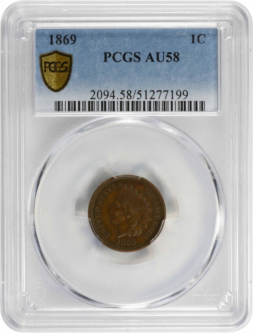 PCGS AU58 1869 Indian Head Small Cent Copper: PCGS AU58 1869 Indian Head Small Cent Copper This is an 1869 Indian Head cent graded AU58 by PCGS. The coin is composed of copper and features the classic Indian Head design. It is a pre-owned circula