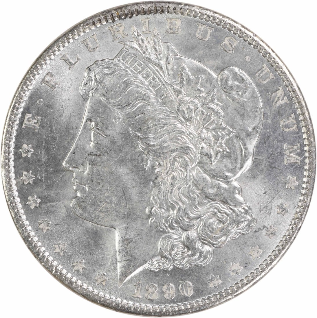 Uncirculated 1890 Morgan Silver Dollar Brilliant Uncirculated No Mint Mark: Uncirculated 1890 Morgan Silver Dollar Brilliant Uncirculated No Mint Mark This 1890 Morgan Silver Dollar is a Brilliant Uncirculated (BU) coin from the United States. It features a silver composition