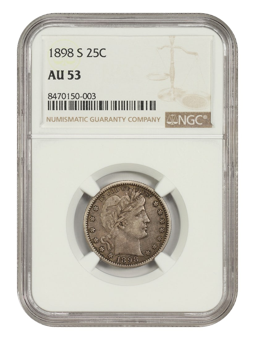 NGC AU53 1898-S Barber Quarter 25C: NGC AU53 1898-S Barber Quarter 25C 1898-S Barber Quarter graded AU53 by NGC. The coin is a circulated 25C issue from 1898 with San Francisco mint location. Pre-owned condition. Specifications Denomina
