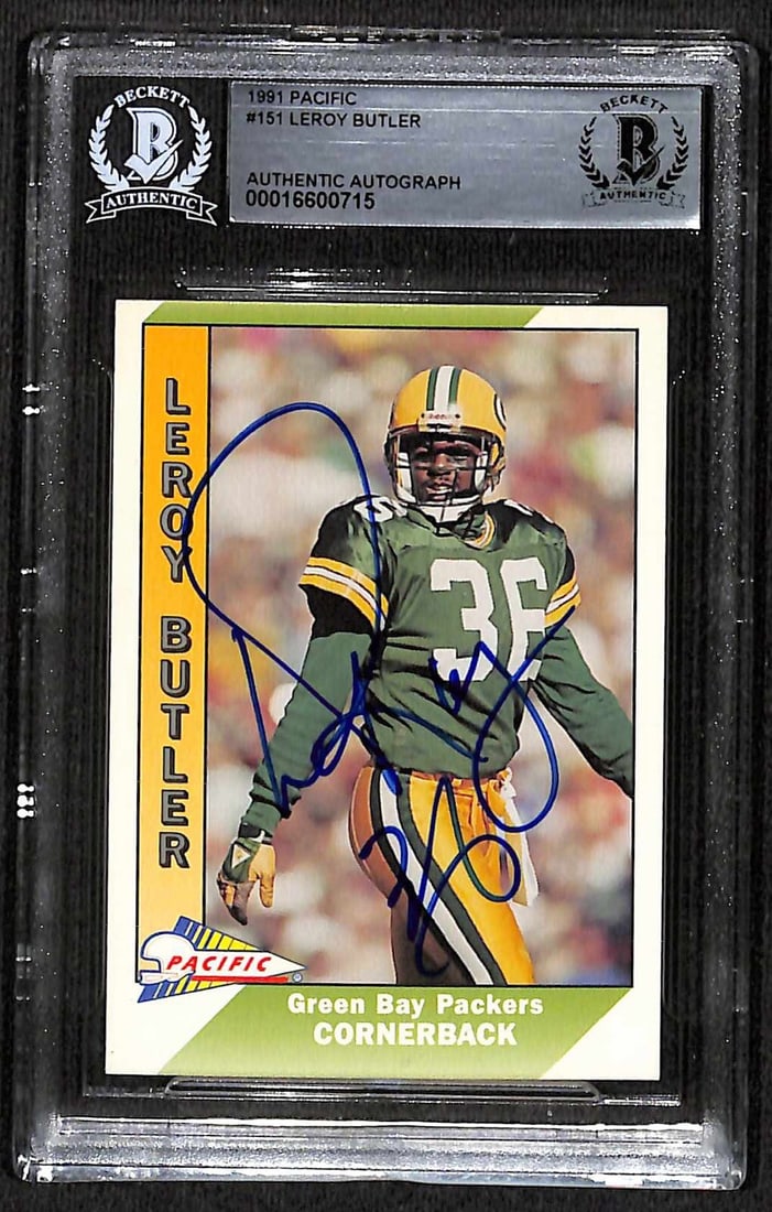 1991 Pacific Football Card Signed by LeRoy Butler Beckett Authenticated: 1991 Pacific Football Card Signed by LeRoy Butler Beckett Authenticated This is a 1991 Pacific #151 sports trading card featuring LeRoy Butler of the Green Bay Packers. The card has been hand-signed b