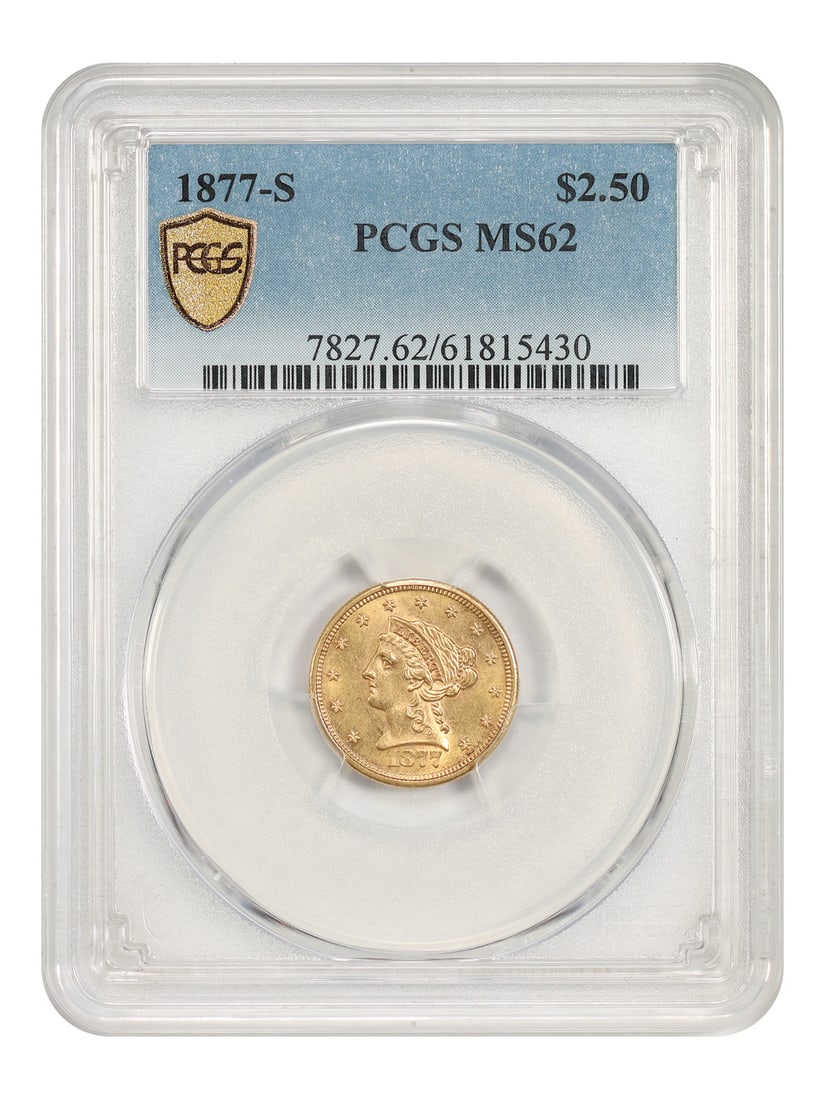 PCGS MS62 1877-S Liberty Head Quarter Eagle $2.50 Gold Coin: PCGS MS62 1877-S Liberty Head Quarter Eagle $2.50 Gold Coin An uncirculated 1877-S Liberty Head $2.50 quarter eagle certified by PCGS MS62. This San Francisco issue is noted for its low mintage of 35,