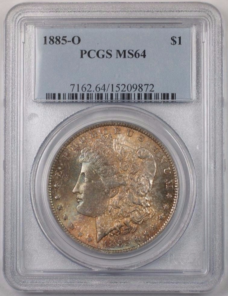 PCGS MS64 1885-O Morgan Silver Dollar Uncirculated Toned New Orleans Mint: PCGS MS64 1885-O Morgan Silver Dollar Uncirculated Toned New Orleans Mint This is an 1885-O Morgan Silver Dollar from the United States, featuring a $1 denomination. Certified by PCGS with a grade of 