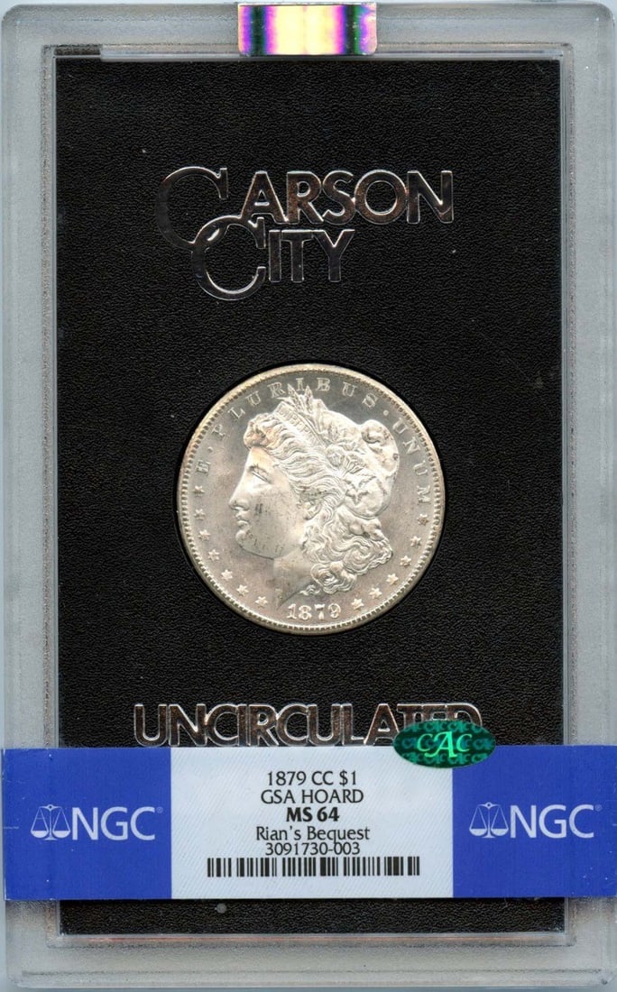 NGC MS64 CAC 1879 Carson City Morgan Silver Dollar GSA Hoard: NGC MS64 CAC 1879 Carson City Morgan Silver Dollar GSA Hoard This 1879-CC Morgan Dollar from the GSA Hoard is certified by NGC with a grade of MS64 and carries a CAC designation. Struck at the Carson 
