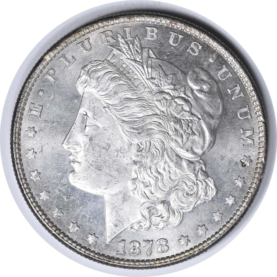 1878 Morgan Silver Dollar 8TF VAM 10 Notched 7 Choice BU: 1878 Morgan Silver Dollar 8TF VAM 10 Notched 7 Choice BU This is an 1878 Morgan Silver Dollar, featuring the 8 Tail Feathers (8TF) VAM 10 Notched 7 variety. The coin is uncirculated and graded as Choi