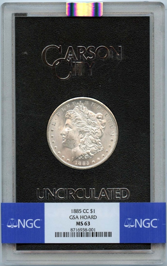 NGC MS63 1885 Carson City Morgan Dollar GSA Hoard S$1: NGC MS63 1885 Carson City Morgan Dollar GSA Hoard S$1 This 1885-CC Morgan Dollar is part of the GSA Hoard and has been certified by NGC with a grade of MS63. Struck at the Carson City Mint, this uncir