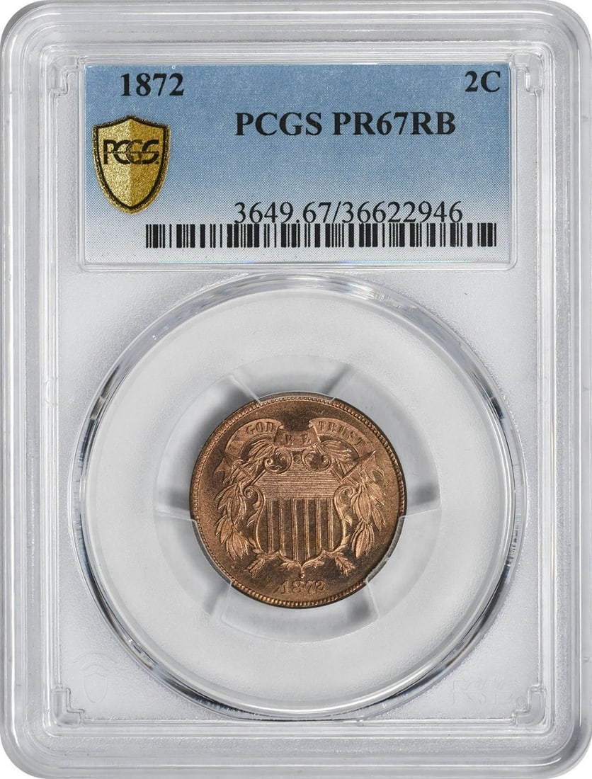 1872 Proof 2 Cent PCGS PR67RB: 1872 Proof 2 Cent PCGS PR67RB This is an 1872 Two Cent Piece graded PR67RB by PCGS. The coin is a proof strike and is uncirculated, with no mint mark. It originates from the United States and is in pr