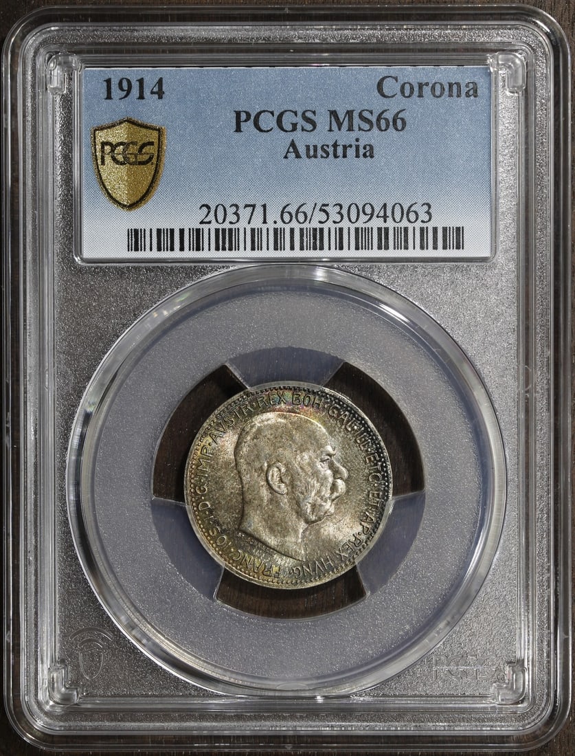 Austria 1914 Silver 1 Corona PCGS MS66 Franz Joseph Rainbow Top Pop (1 of 3)